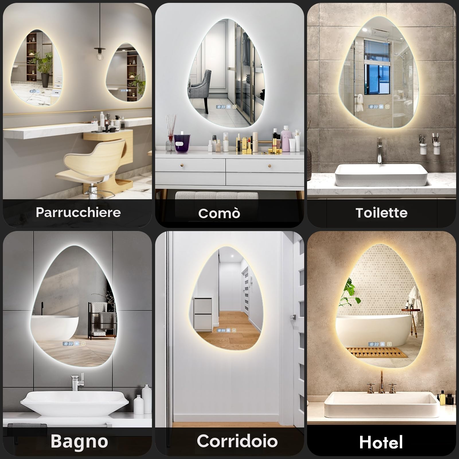 Specchio Bagno con Luce, asimmetrico con illuminazione, 500x700 mm, LED con interruttore touch, anti-appannamento, bianco freddo, 6400K, specchio luminoso a risparmio