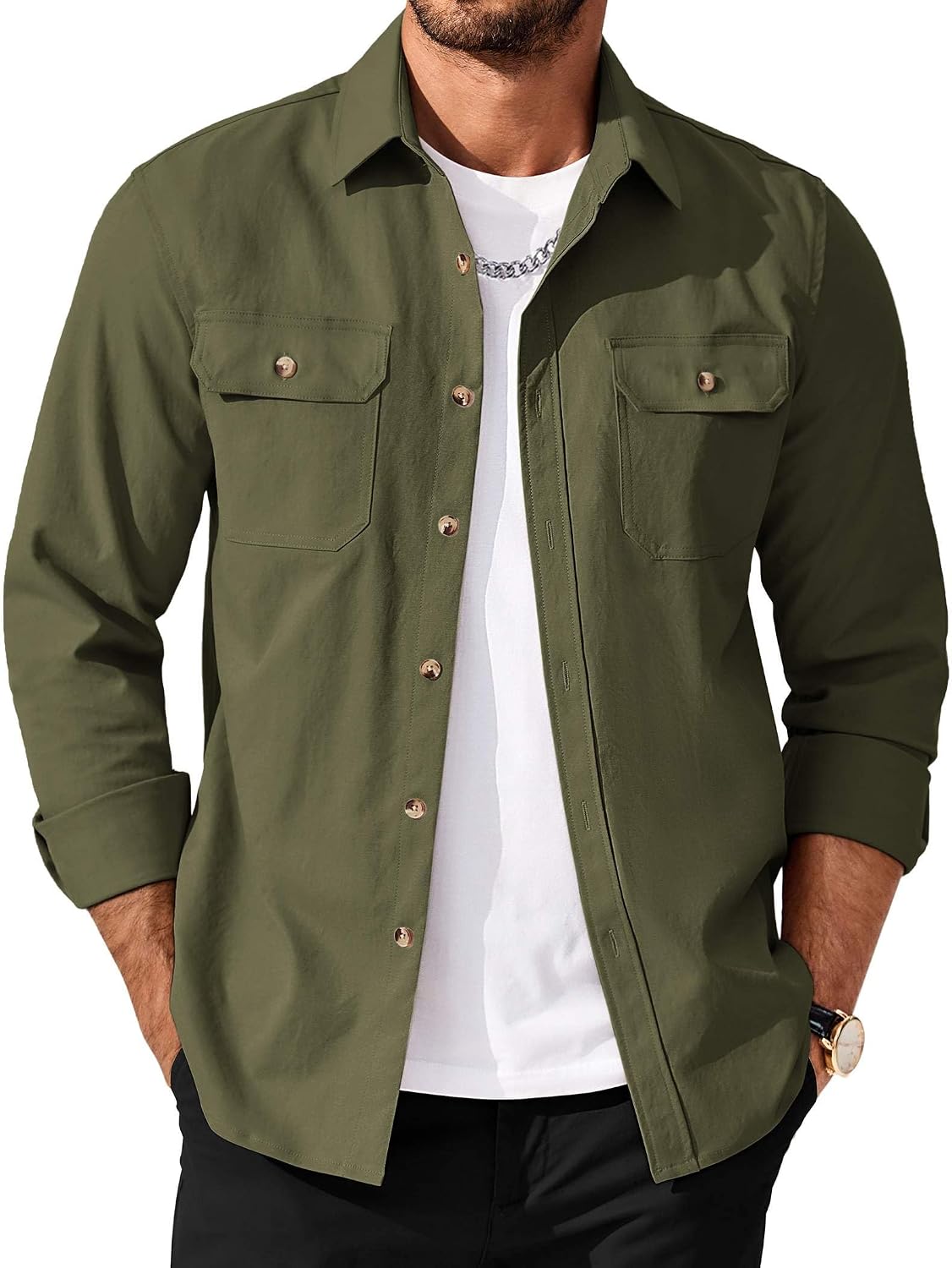 COOFANDY Men's Long Sleeve Button Up Shirt Jacket with Flap Pockets