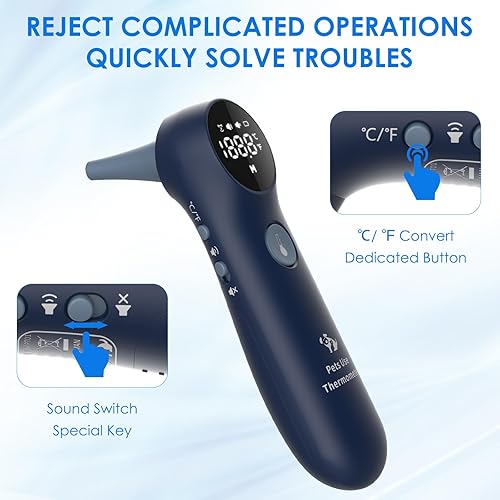Miniatura 5 de Termómetro de orejas para mascotas, para perros, gatos y ganado, diseño de sonda larga, botón dedicado de conversión de ℃/℉ e interruptor de sonido,
