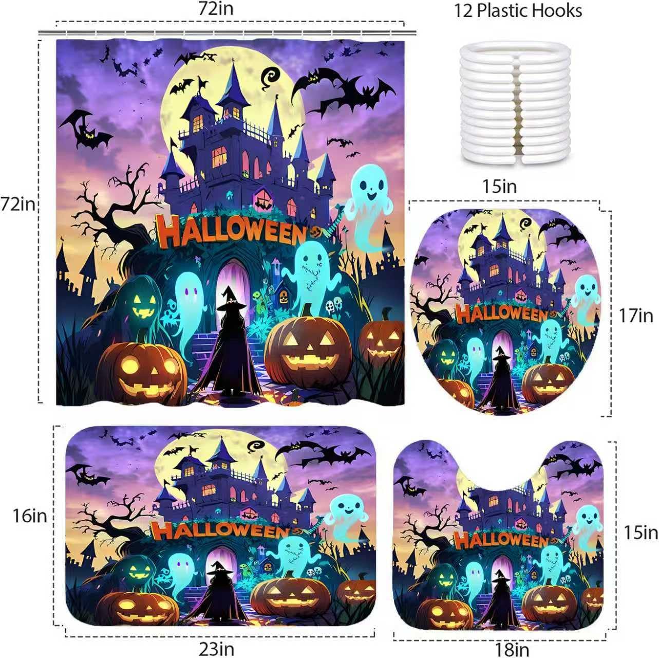 NBVKO Halloween Purple Castle Pumpkin Waterproof Shower Curtain,with Non-Slip Rugs,Toilet Lid Cover and Bath Mat,Bathroom Decor Accessory Set