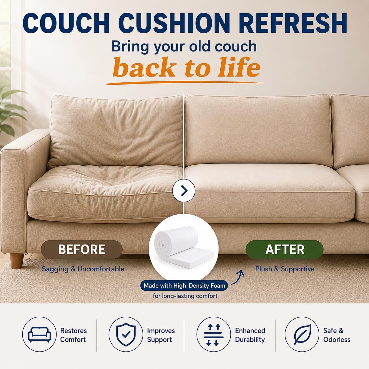 OLASIR Couch Cushion Foam Replacement, High Density Upholstery Foam Pad Firm 1 x 24 x 72 Inch, DIY Craft Foam Cushion for Couch, Sofa/Seat/Dining Chair/RV/Outdoor Foam Cushions | High Density Durable Polyurethane Foam thumbnail