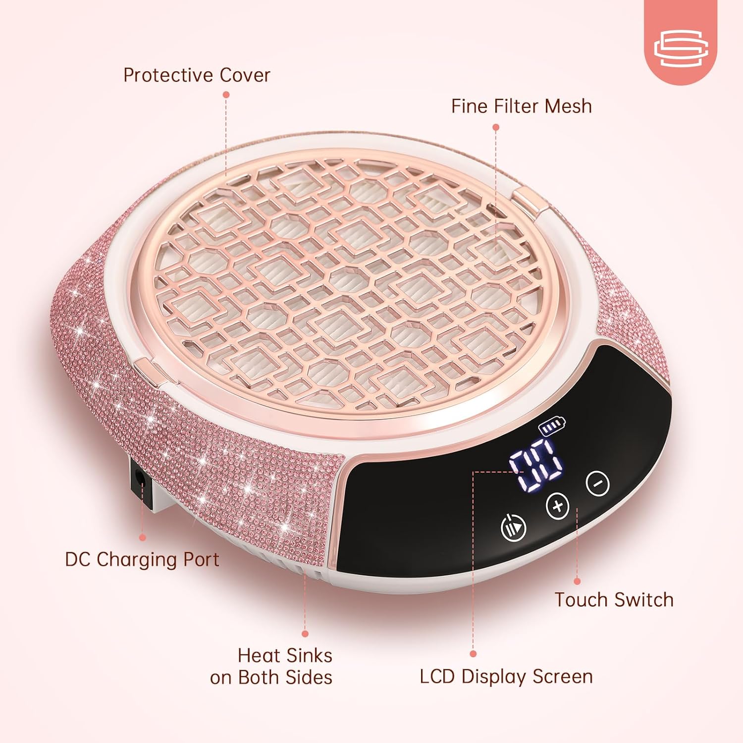 Nail Dust Collector, Cordless Dust Collector Nail Tech, Powerful Vacuum Fan Vent Dust Collector Extractor Dust Suction Machine for Acrylic Gel Polish,Salon & Home, Pink Diamond