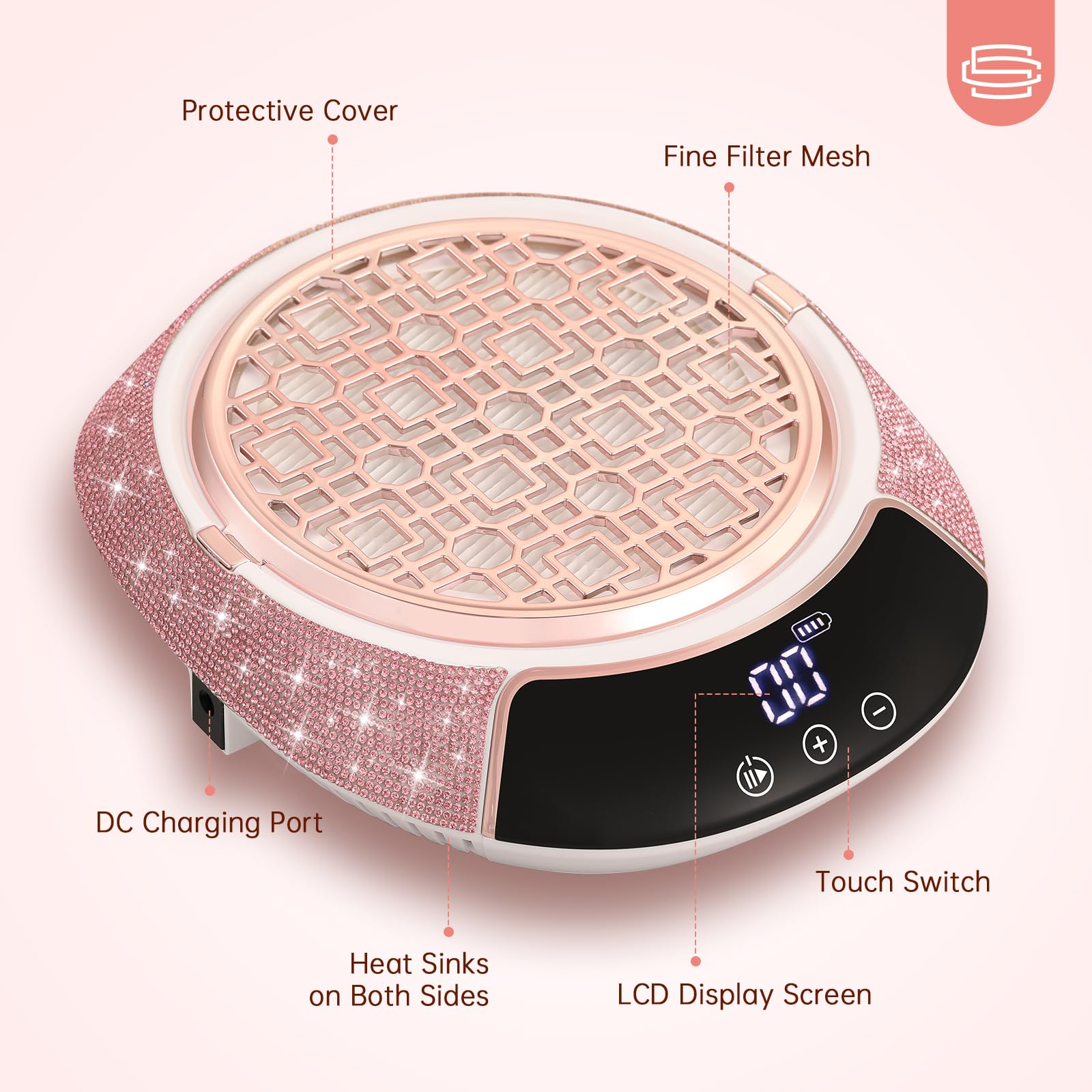 Aspirador De Polvo para Uñas Inalámbrico Potente, Extractor De Polvo De Manicura para Uñas De Gel Y Acrílico, Máquina Portátil para Salón Y Casa AB Diamond B-Pink Diamond