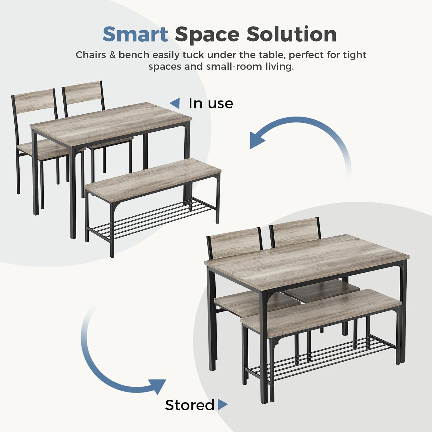 DUMOS Dining Table Set, Dining Table for 4 with Bench, Kitchen Table, Space-Saving Ideal 4-Person Set for Dining Room Kitchen Apartment Corner Grey 4 Pack