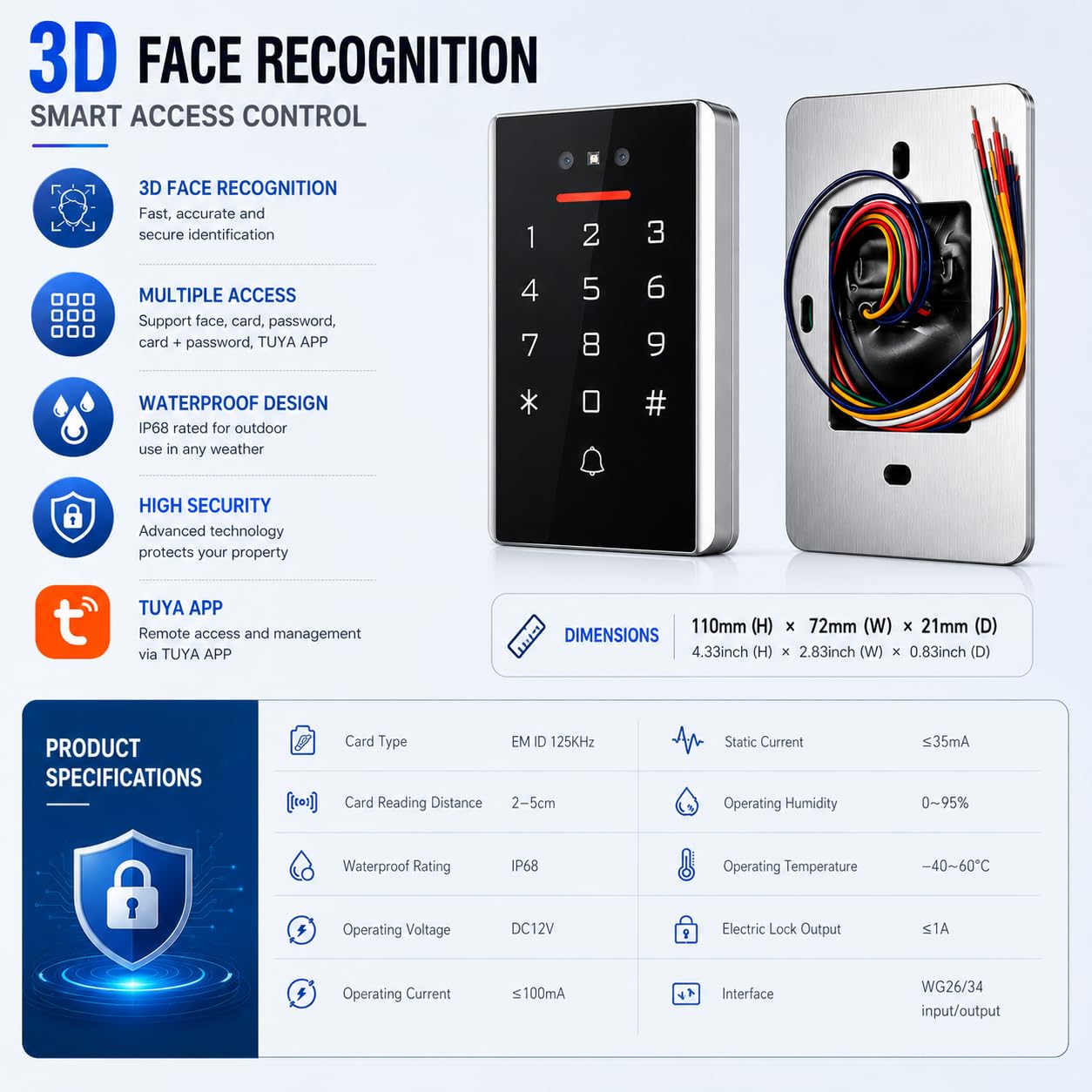 Contrôle d’Accès WiFi TUYA avec Reconnaissance Faciale pour Porte et Portail, Clavier à Code RFID 125kHz + 10 Badges ID, IP68 Métal, WG26/WG34, APP + PIN + Badge, Appartement Bureau Boutique (3D1)