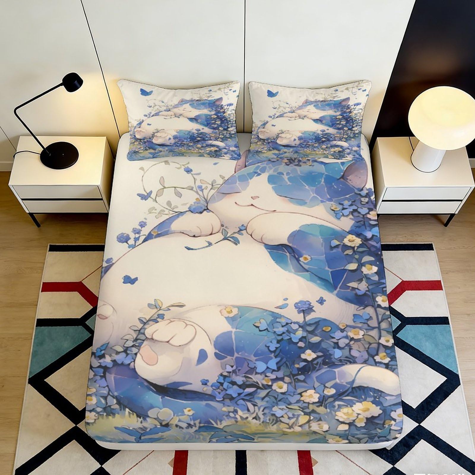 3D Printed Blue Floral Cat Fitted Sheet Microfiber Soft Breathable Sleeping Cat Bed Cover for Bedroom Dormitory Guest Room Mattress Protection 200x200x25cm