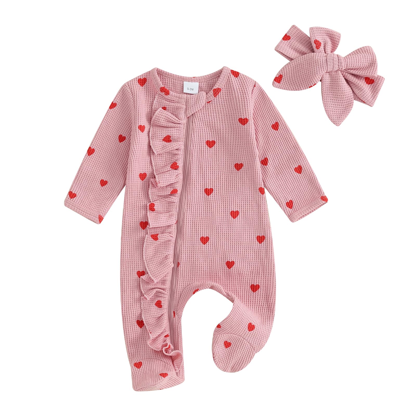 Newborn Baby Girl Valentines Day Outfit Ruffle Heart Long Sleeve Footie Romper Waffle Bodysuit Headband Set (Pink, Newborn)