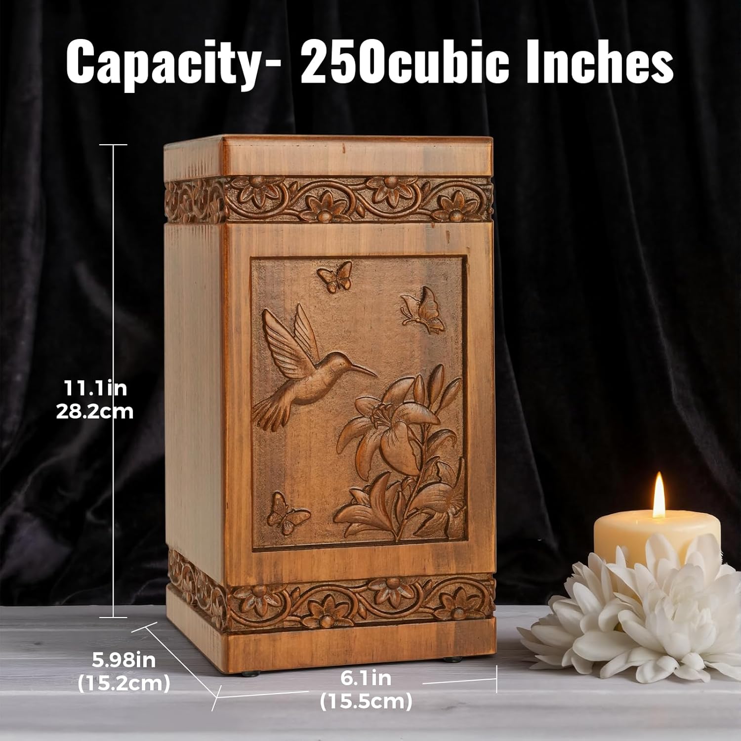 Cremation Urn for Human Ashes Adult Female Male, 250lbs Large Engraved Wooden urns, Handcrafted Solid Wood Memorial Urn Box for Men Women, Hummingbird Burial Funeral urns