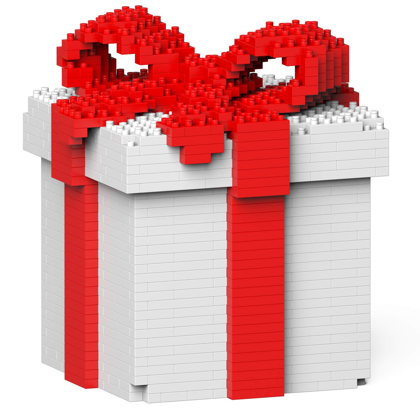 Assembled JEKCA Present Box ST17PB01-S01, a white box with a red ribbon and bow made of building blocks.