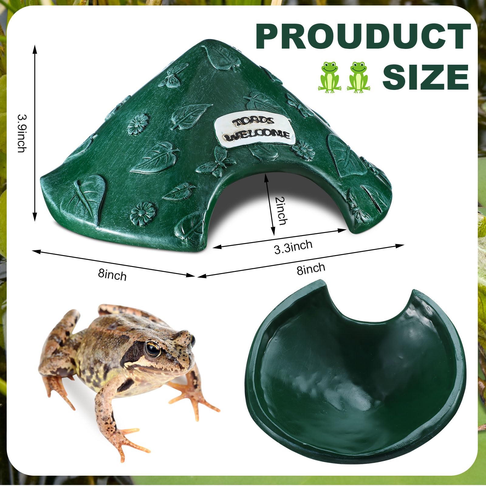 Casa de rana y sapo de resina, cueva para reptiles, 8 x 8 x 3.9 pulgadas, casa de sapo para jardín exterior, acuario, escondite para sapo, rana, tortuga, lagarto, araña y peces (verde)