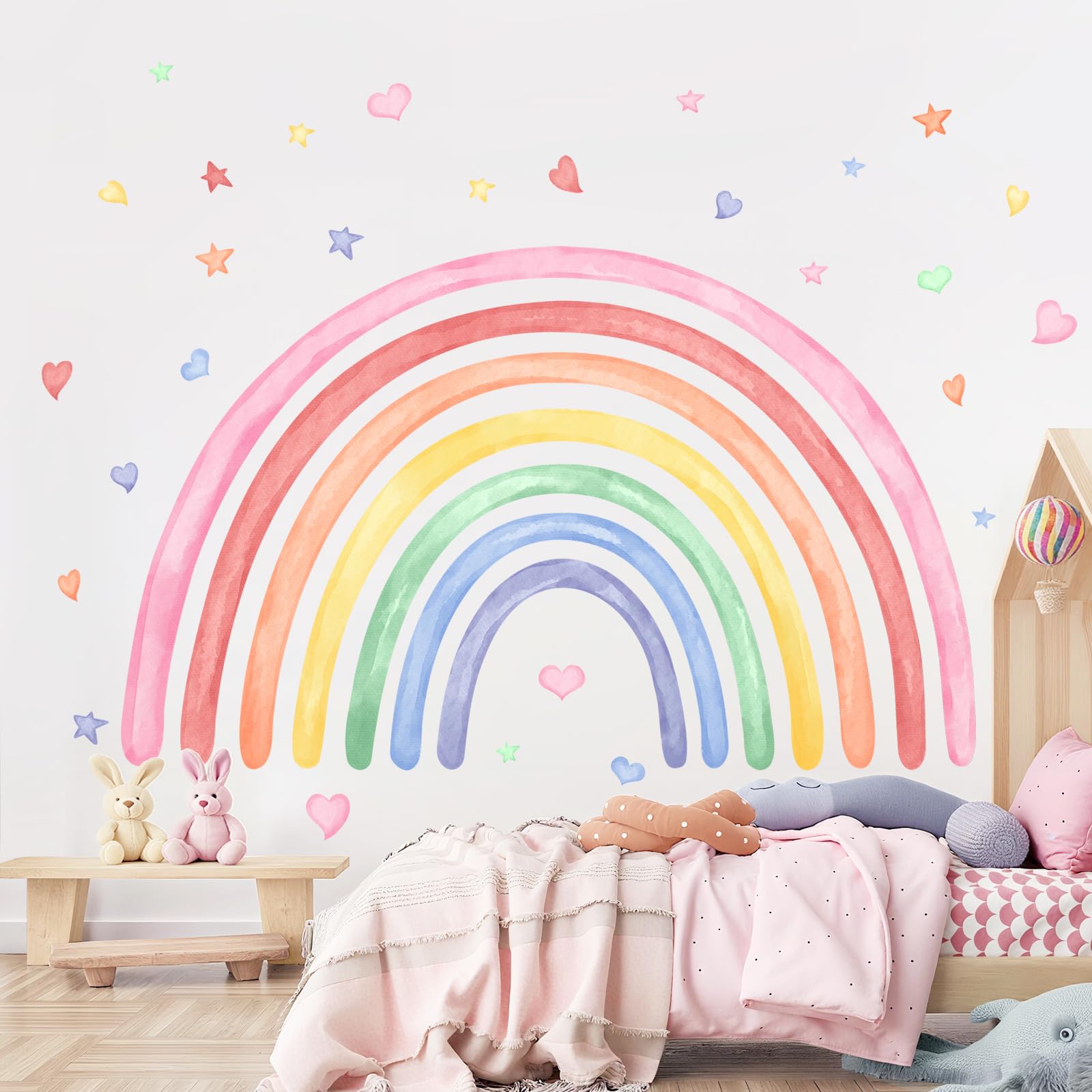 Supzone Wandtattoo Regenbogen Großn 195x119cm, Wandaufkleber Bunte Regenbogen Herzen Sterne Aquarell Wandsticker Selbstklebende für Mädchen Kinderzimmer Babyzimmer Schlafzimmer Wanddeko