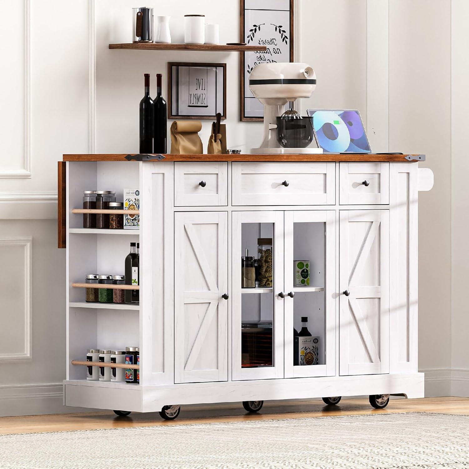 53'' Farmhouse Kitchen Island with Two Tempered Glass Cabinet Doors, Power Outlet, Rolling Kitchen Cart on Wheels with Drop Leaf, 5 Open Side Racks, 3 Drawers, for Kitchen, Dining Room, White