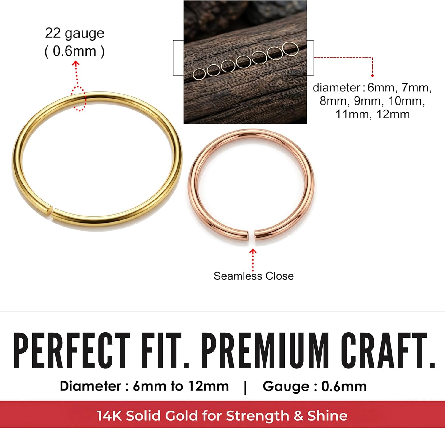 14 Karat Solid Gold 22 Gauge (0.6MM) - 1/4 Inch (6MM) Length Seamless Continuous Nose Hoop Ring