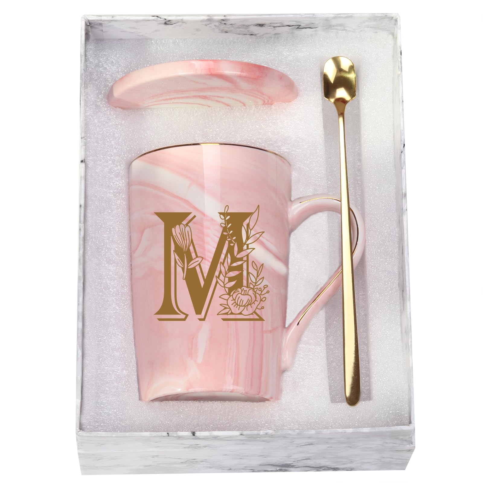 WENSSY Pink 14 Ounce Letter M with Flower Personalized Initial Mugs Novelty Coffee Mugs for Women Bridal Shower