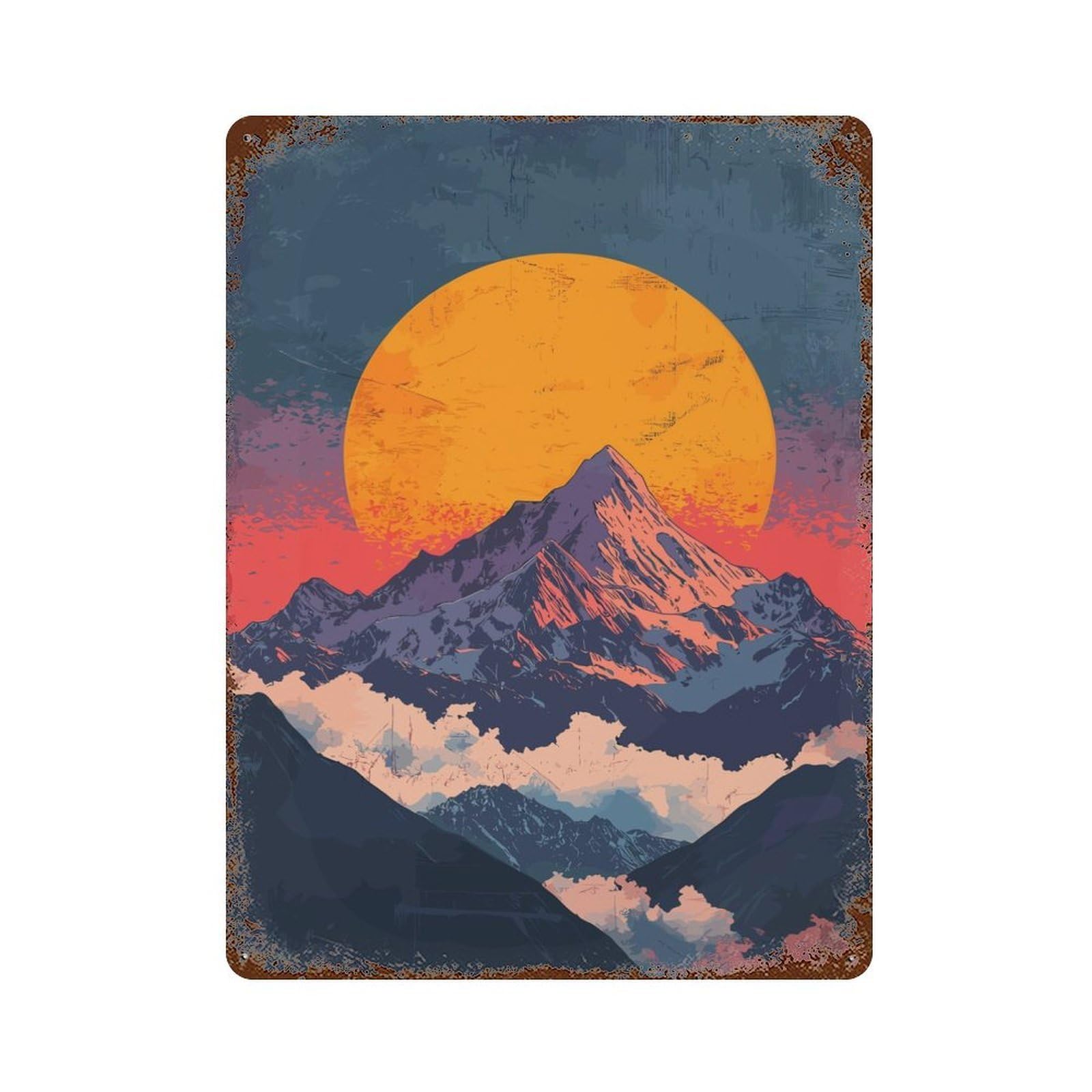 Sunset Mountain Peak Rusty Metal Tin Sign 15.7"x11.8", Industrial Home Decor for Garage, Pub Or Kitchen