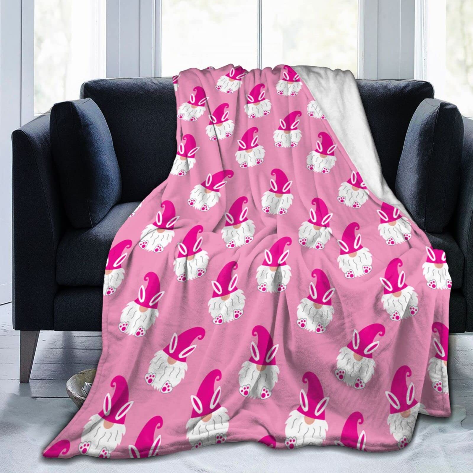 Lsjuee Easter Gnomes and Bunny Ears Throw Blanket Soft Cozy Lightweight Blankets Easter Bunny Flannel Blanket for Sofa Couch Bed Office Holiday Decorative 60"X50"