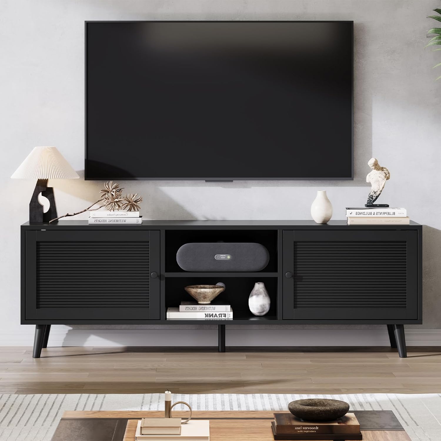 TV Stand for 70 inch TV, Black Fluted Entertainment Center for TV up to 80", TV Stand for Living Room with Large Open Storage