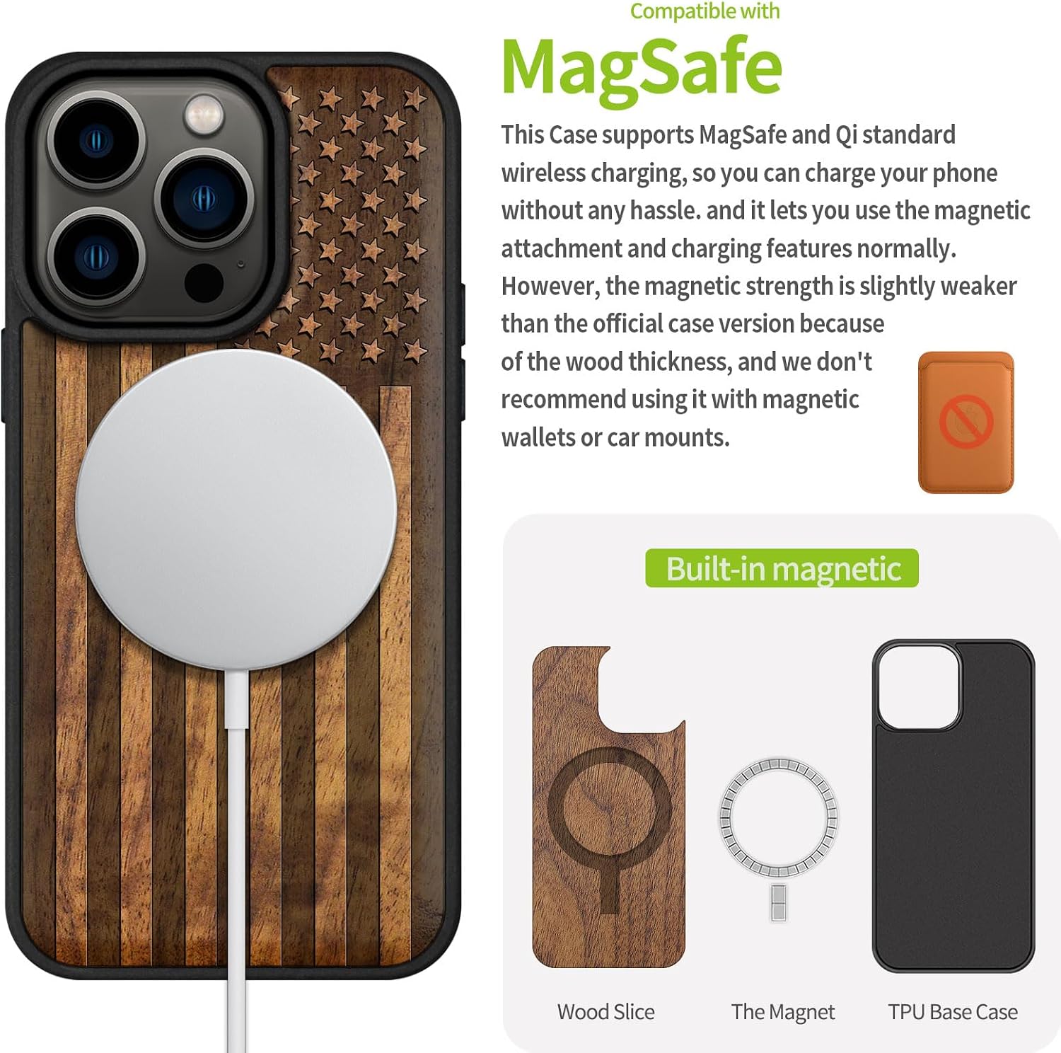 Carveit Magnetic Wooden Case for iPhone 15 Pro Case, Compatible with MagSafe Wireless Chargers, Black Soft TPU Shockproof Cover & Wood Artisan Engraved (American Flag) - Walnut
