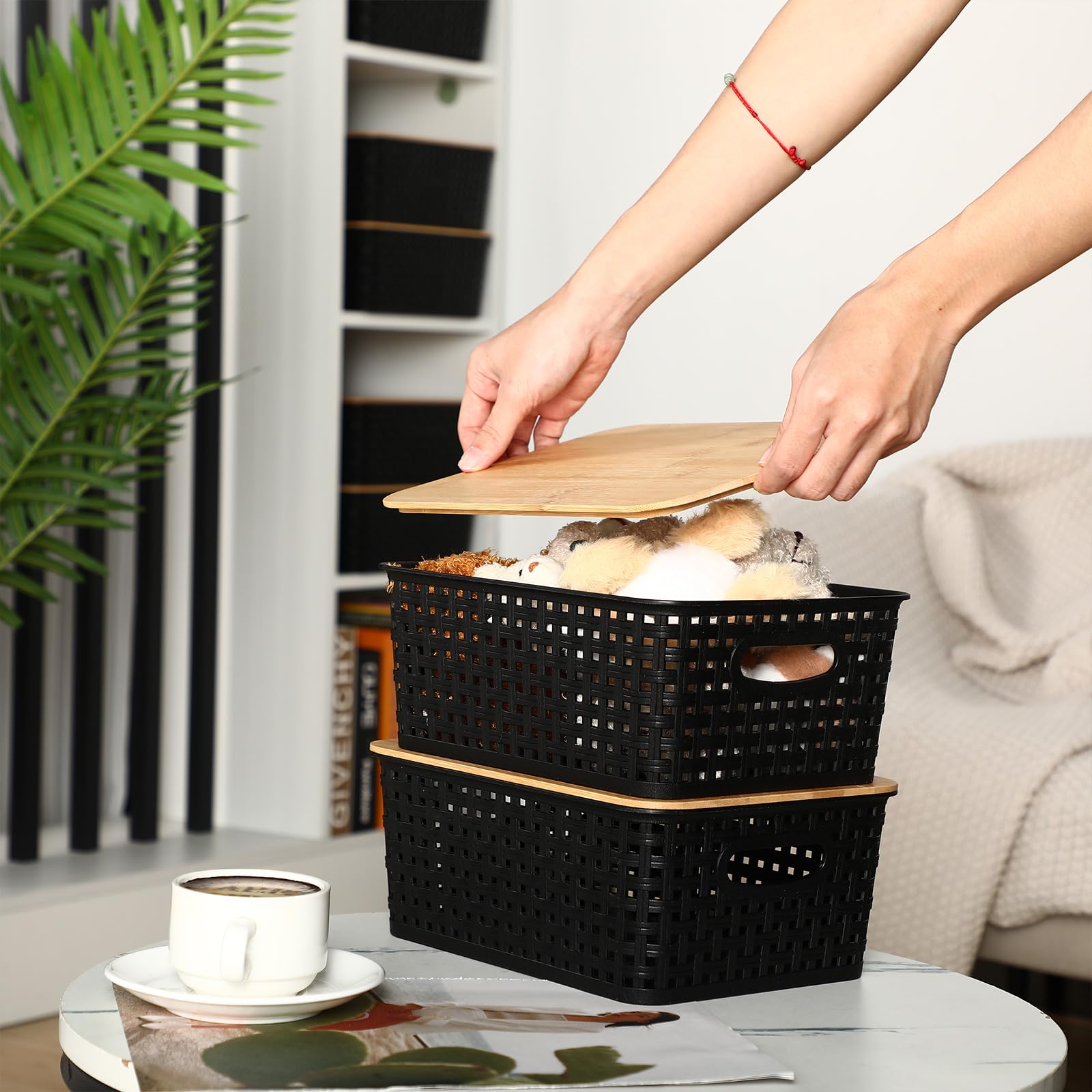FEILANDUO Cesti portaoggetti in vimini con coperchi, per organizzare ripiani in alghe marine naturali, in rattan intrecciato, stile bohémien, decorazione per la casa, set di 2 (naturale