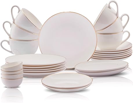 Karaca Marcelo Gold Breakfast Set for 6 People - 26-Piece Crockery Set with Plates and Bowls Set, New Generation Bone, Round Serveware Set & White Gold Dinner Set