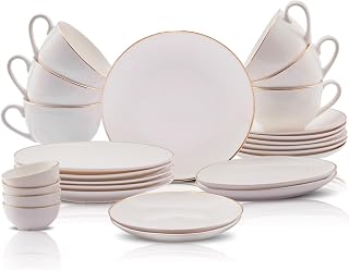Karaca Marcelo Gold Service de petit déjeuner pour 6 personnes - 26 pièces de vaisselle avec assiettes et bols Set, New Generation Bone, set de service rond & service de table or blanc