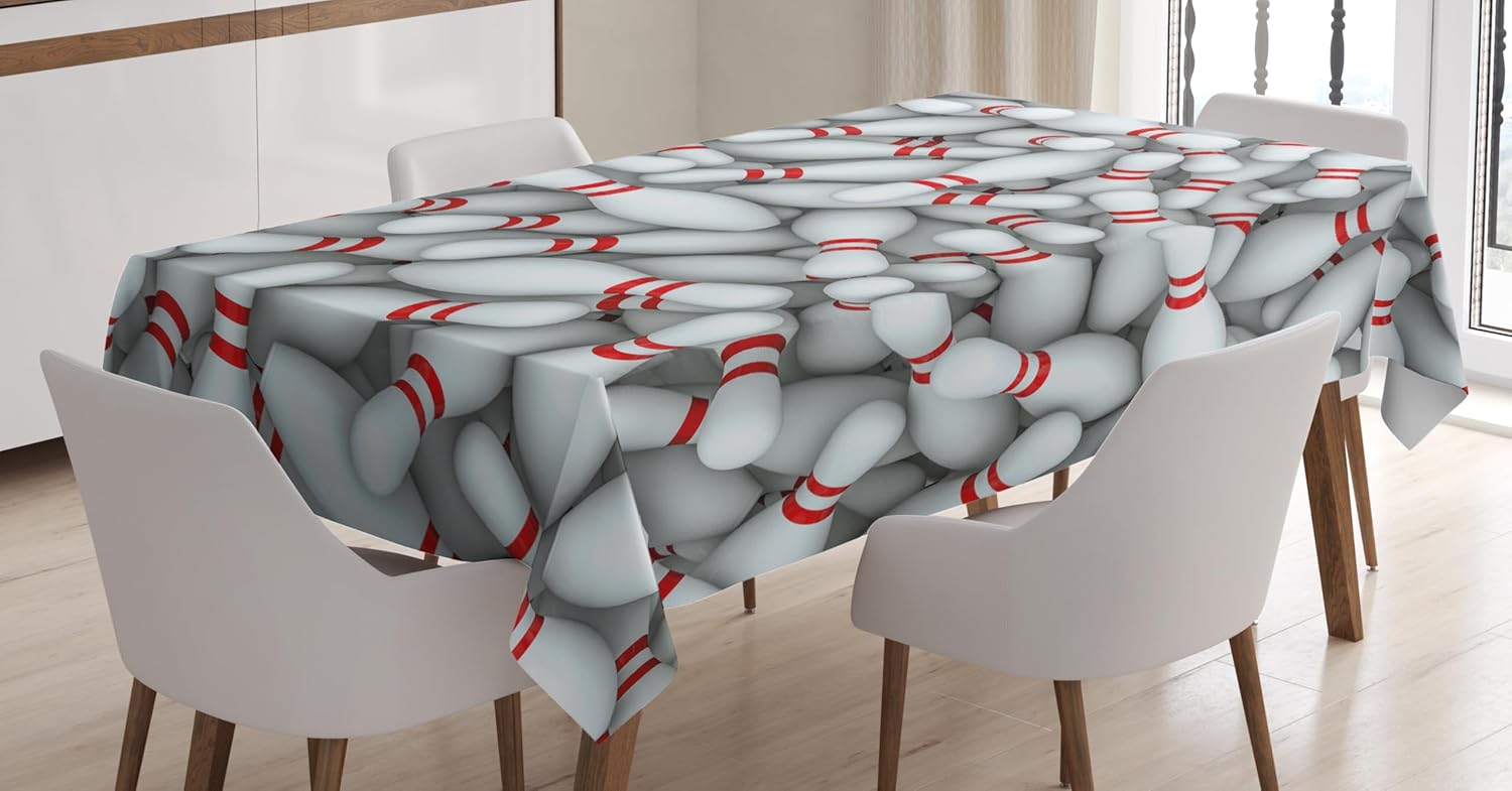 Ambesonne Bowling Party Tablecloth, Pile of Vivid Bowling Pins and Skittles with Red Stripes 3D Style Print, Rectangular Table Cover for Dining Room Kitchen Decor, 60" X 90",White Red