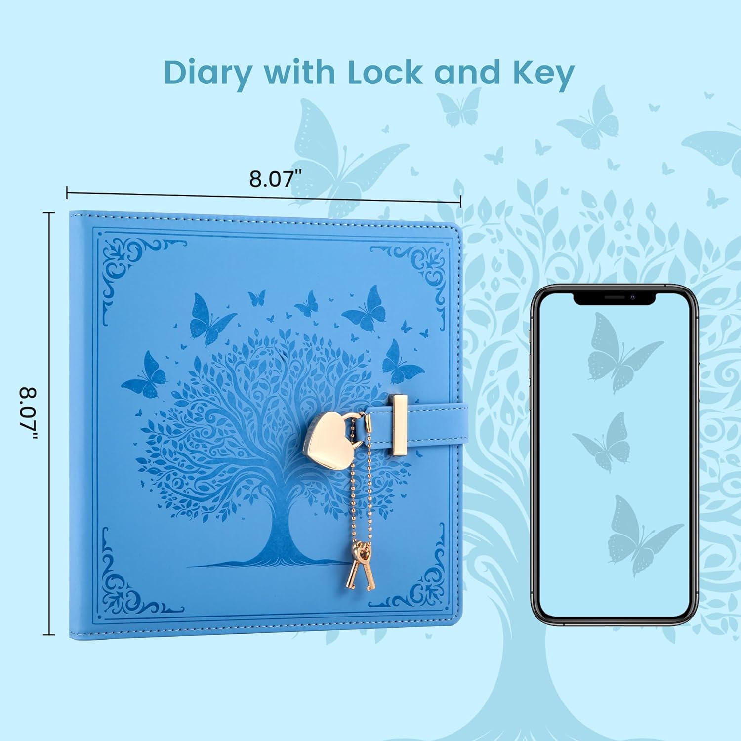 MINICAGIE CAGIE Diary with Lock and Keys for Girls Heart-Shaped Locked Journal for Women, Square Leather Journal with Locking Key Personal Gift for Girls Women Wife Blue