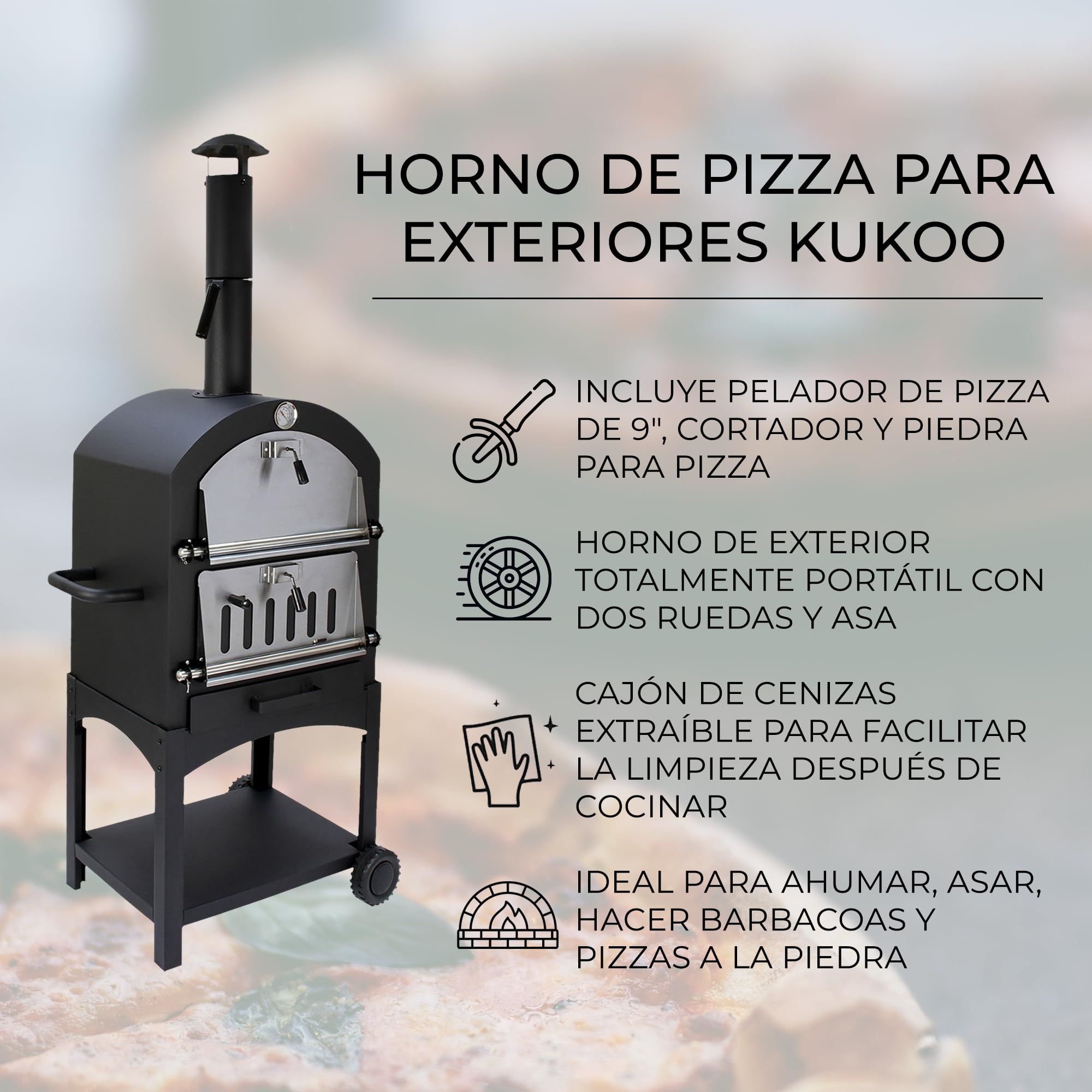 Horno Pizza Carbón Portátil Exterior Profesional Comercial Máquina de Cocinar Hacer Pizza Barbacoa BBQ Pizza Oven Ahumador Parrilla Grill Ahumar Carne Pescado Verduras con Pala Cortador+Piedra GRATIS