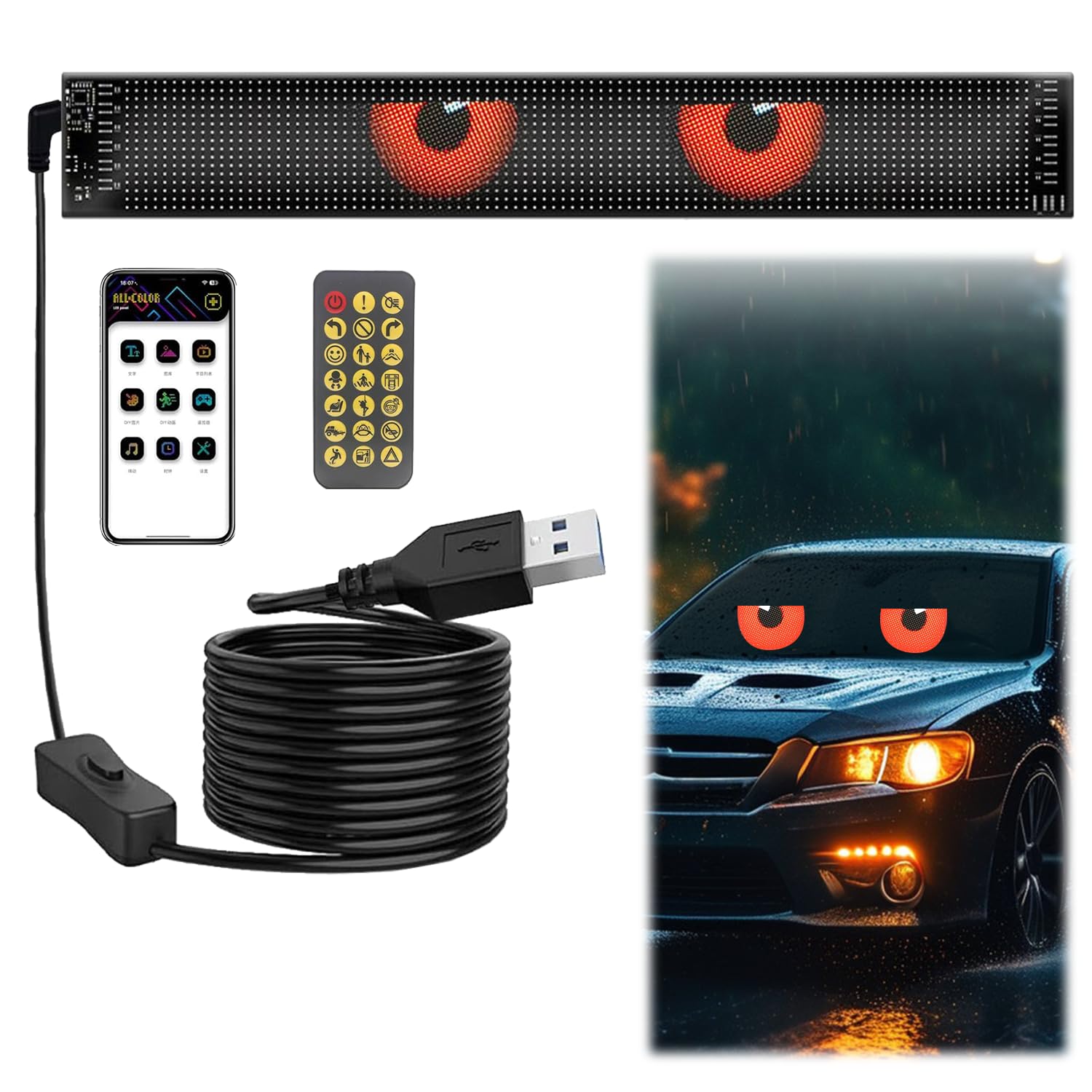 Devil Eyes Light Car Sign, Full Color Huge Bright Scrolling Led Light Sign for Trucks Window, Programmable Personalised Led Name Sign, DIY Dynamic APP Control LED Big Eye Lights for Windshield