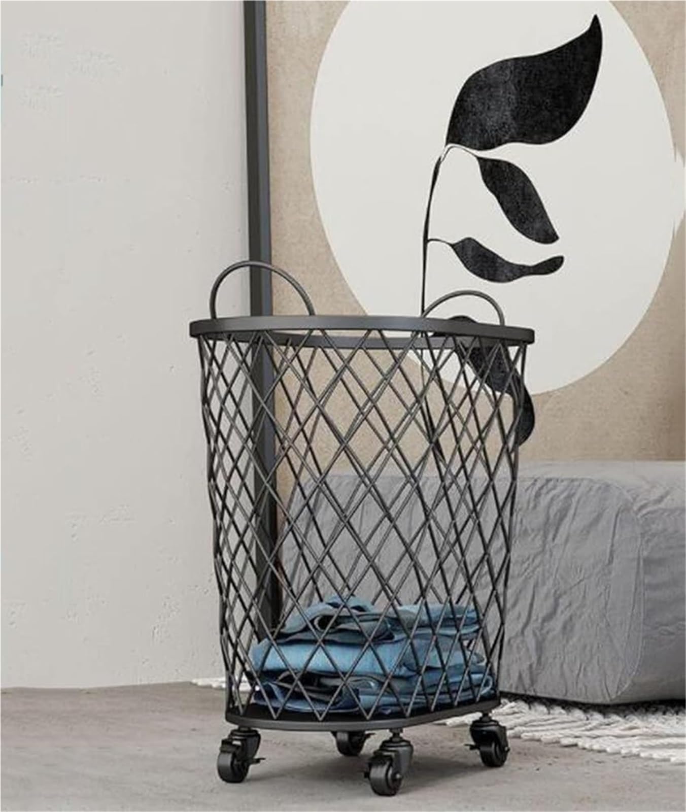 Wäschekorb mit Rollen, Schmaler Wäschewagen mit stabilem Metallrahmen, Wäsche-Organizer mit Griffen für Schlafzimmer und Badezimmer(Black)