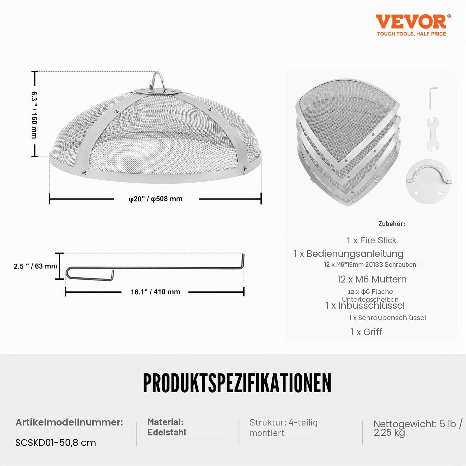 VEVOR Funkenfang für Feuerschalen φ508 x 160 mm Feuerstellengitter Funkenschutz Edelstahl Funkenhaube 2-mm-Maschenlöcher Feuerschale Funkenschutzhaube Ideal für Feuerstellen Feuerschalen und Kaminen