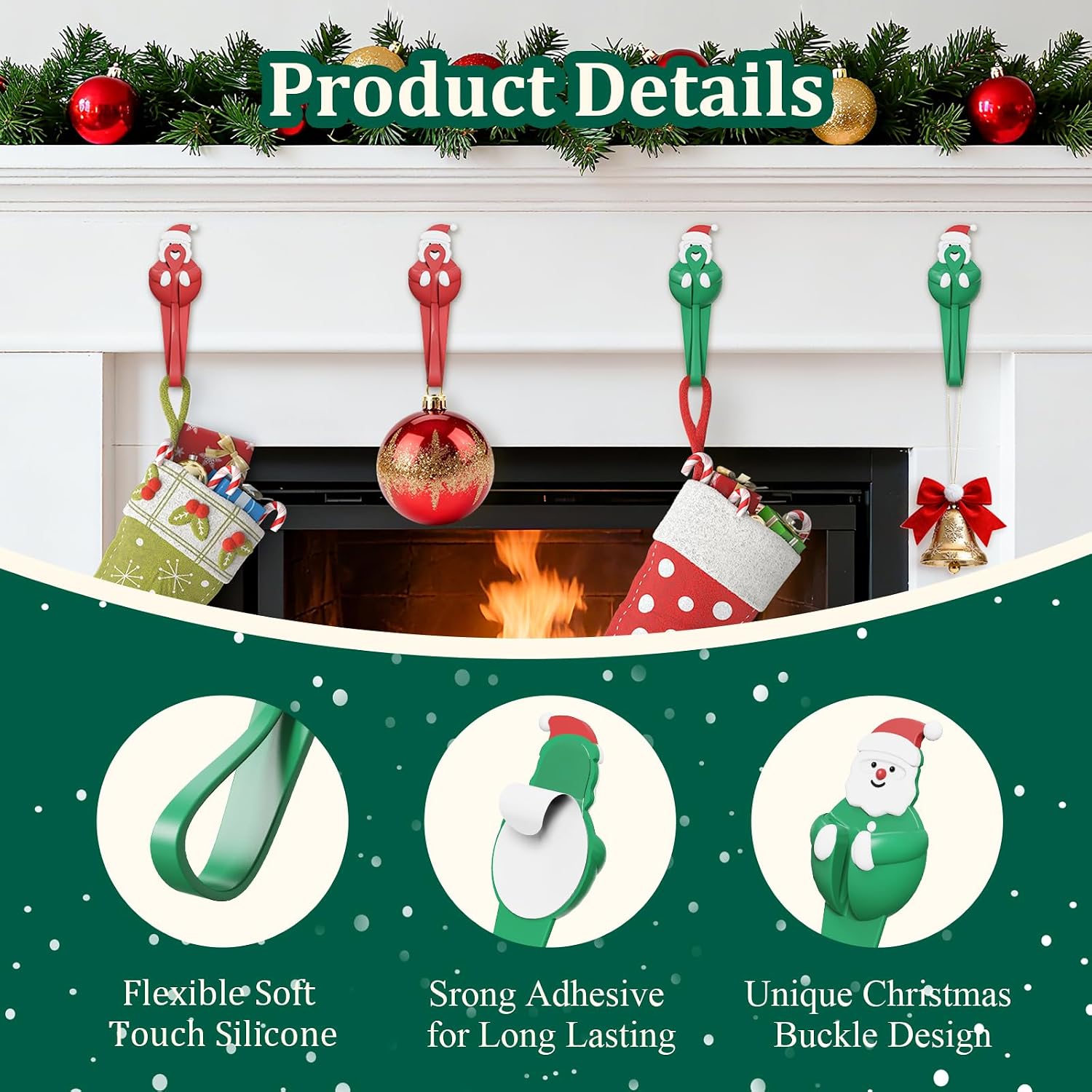 Christmas Garland Hanger Decorations for Mantle Garland Hooks 12 Pcs Christmas Wreath Ties Stocking Holder, Silicone Adhesive Straps Hooks for Door Frame Staircase Decoration (Green & Red)