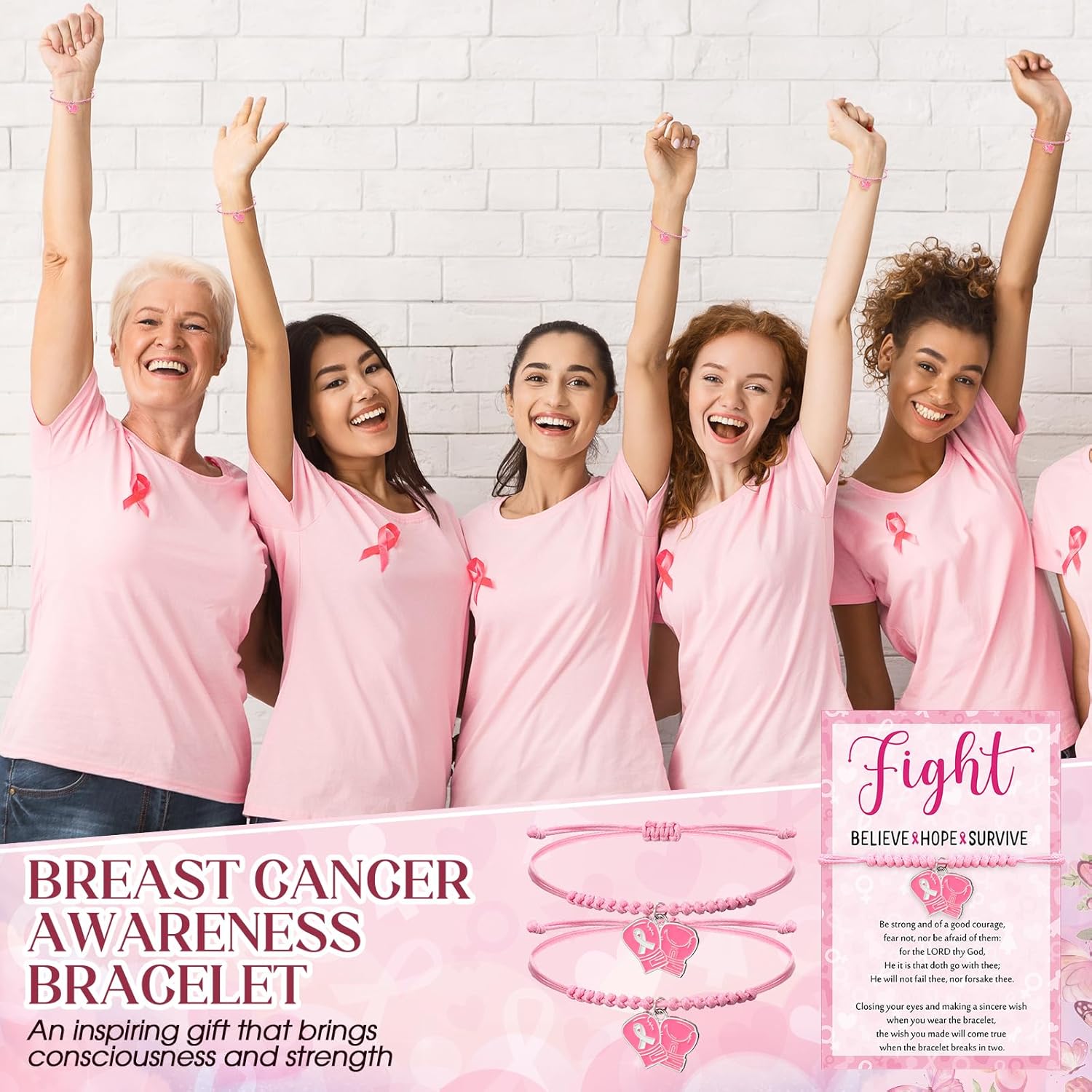 Breast Cancer Awareness Bracelets Gifts Bulk for Women Adjustable Pink Braided Bracelets with Inspirational Cards for Breast Cancer Survivors Party Favors Fundraiser - Image 6