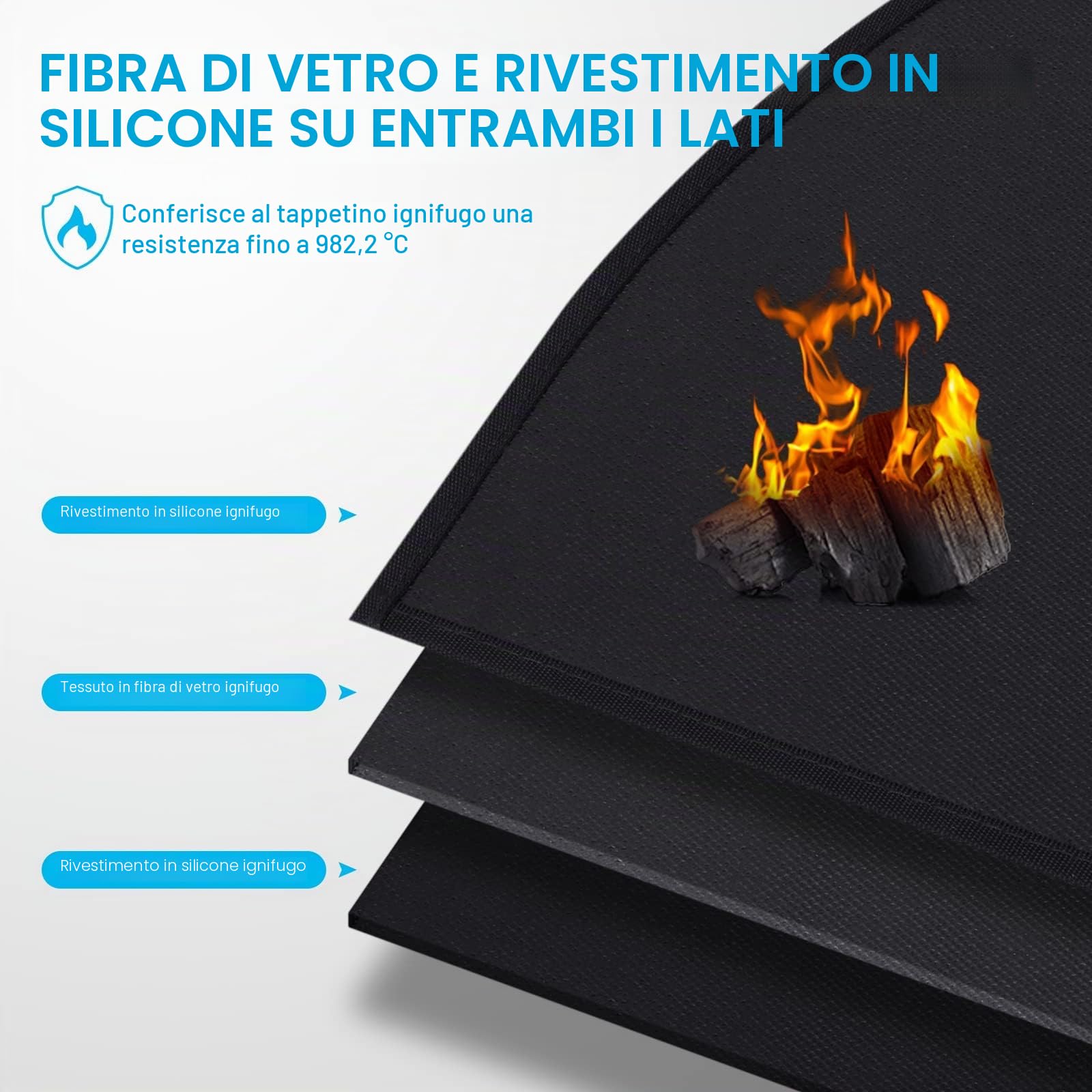 FLASLD Tappeto per caminetto a prova di fuoco 60×104cm mezzo rotondo focolare tappeto protegge i pavimenti da scintille braci, silicone rivestito in fibra di vetro tappeto