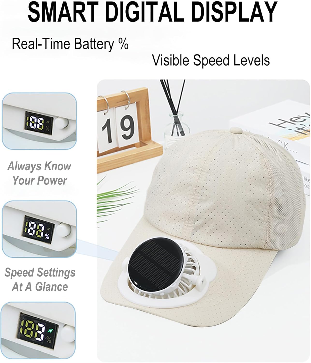 Solar Fan Hat with Removable Fan & USB Charging/Digital Display-Adjustable UPF 50+ Cooling Sun Hat for Outdoor,Beach,Sports