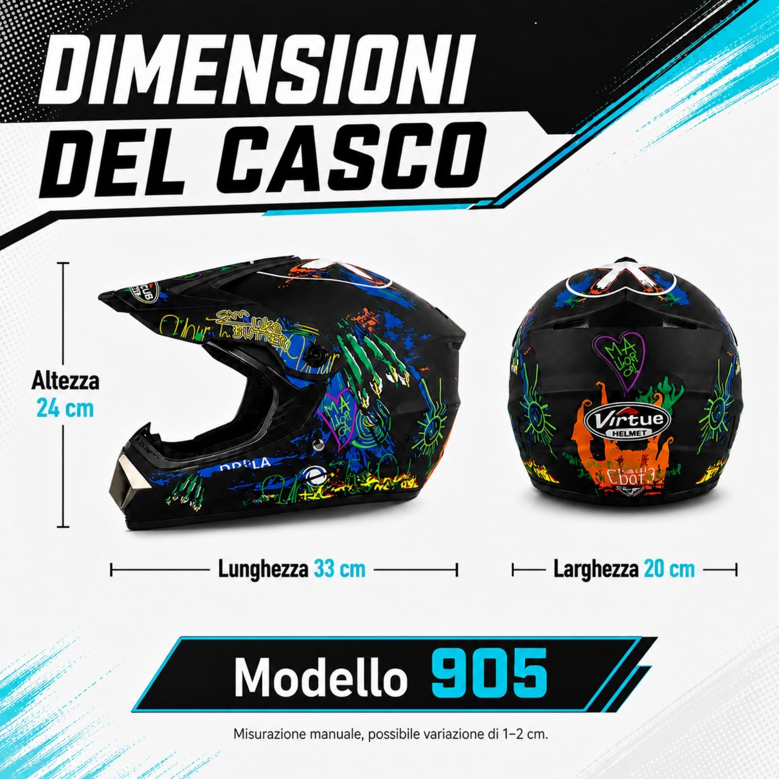 Set Casco Cross Integrale nero multicolore con Occhiali e Guanti