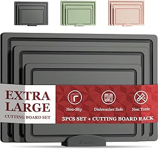 Empune Plastic Cutting Board Set, Recycled Plastic Cutting Boards for Kitchen (Set of 3), Dishwasher Safe Large Chopping Board with Holder, Non-slip Feet and Juice Grooves, Nonporous, Grey