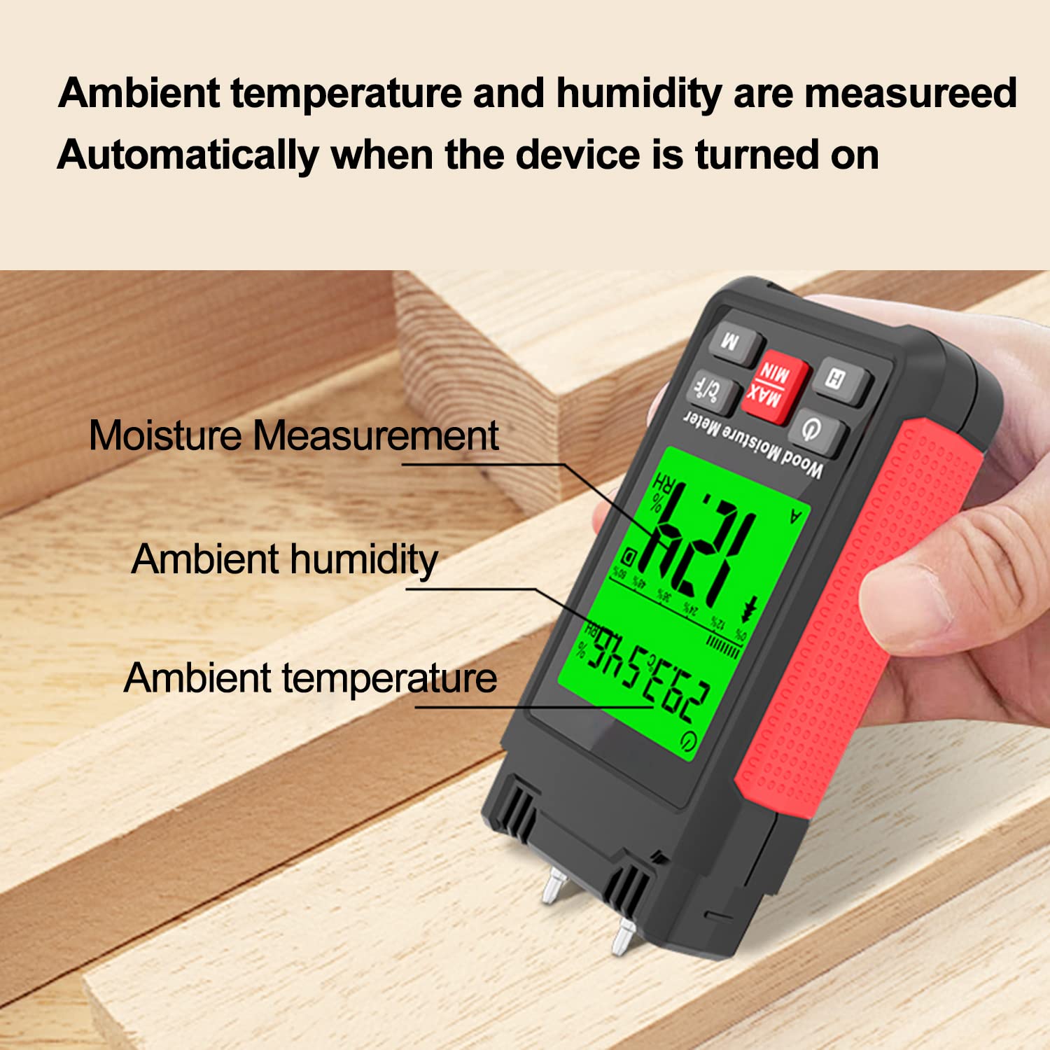 Intendvision HT633 Wood Moisture Meter in use, showing ambient temperature, humidity, and moisture measurement.