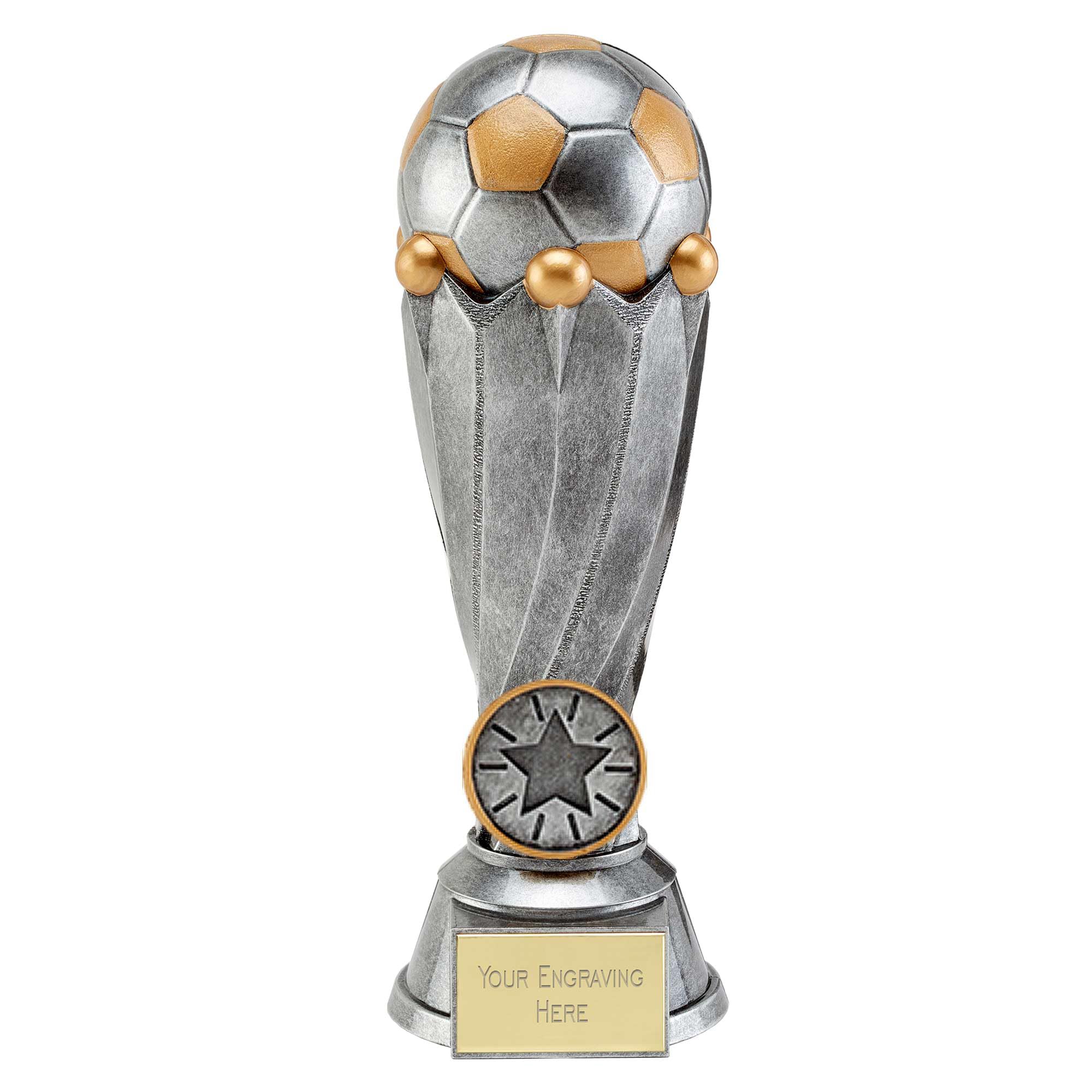 TROPHIESPLUSMEDALS Personalised Football Tower Trophy - 23cm | Medium 9" Antique Silver Man of The Match Award Winner Trophies for Football, Sports Reward | Includes Free Metal Plate Engraving