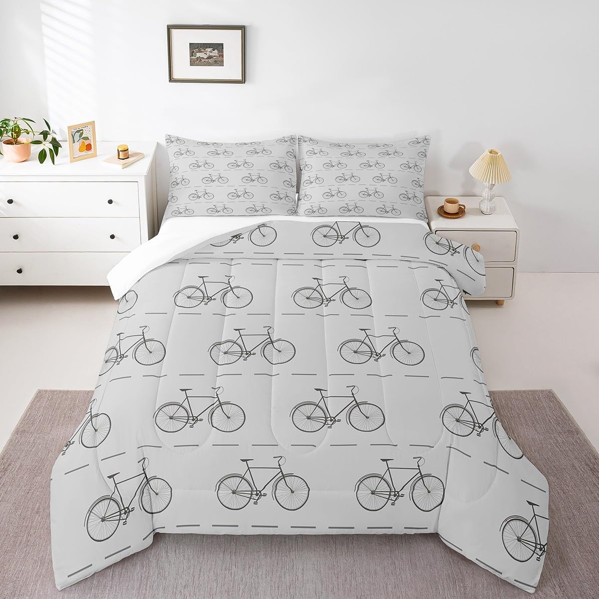Bicycle Comforter Set Modern Bicycle Sports Bedding Set Vintage Bikes Geometric Bedding Home Decor Gray Black Comforter Queen Size 3 Pieces Quilted Set with 2 Pillowcase