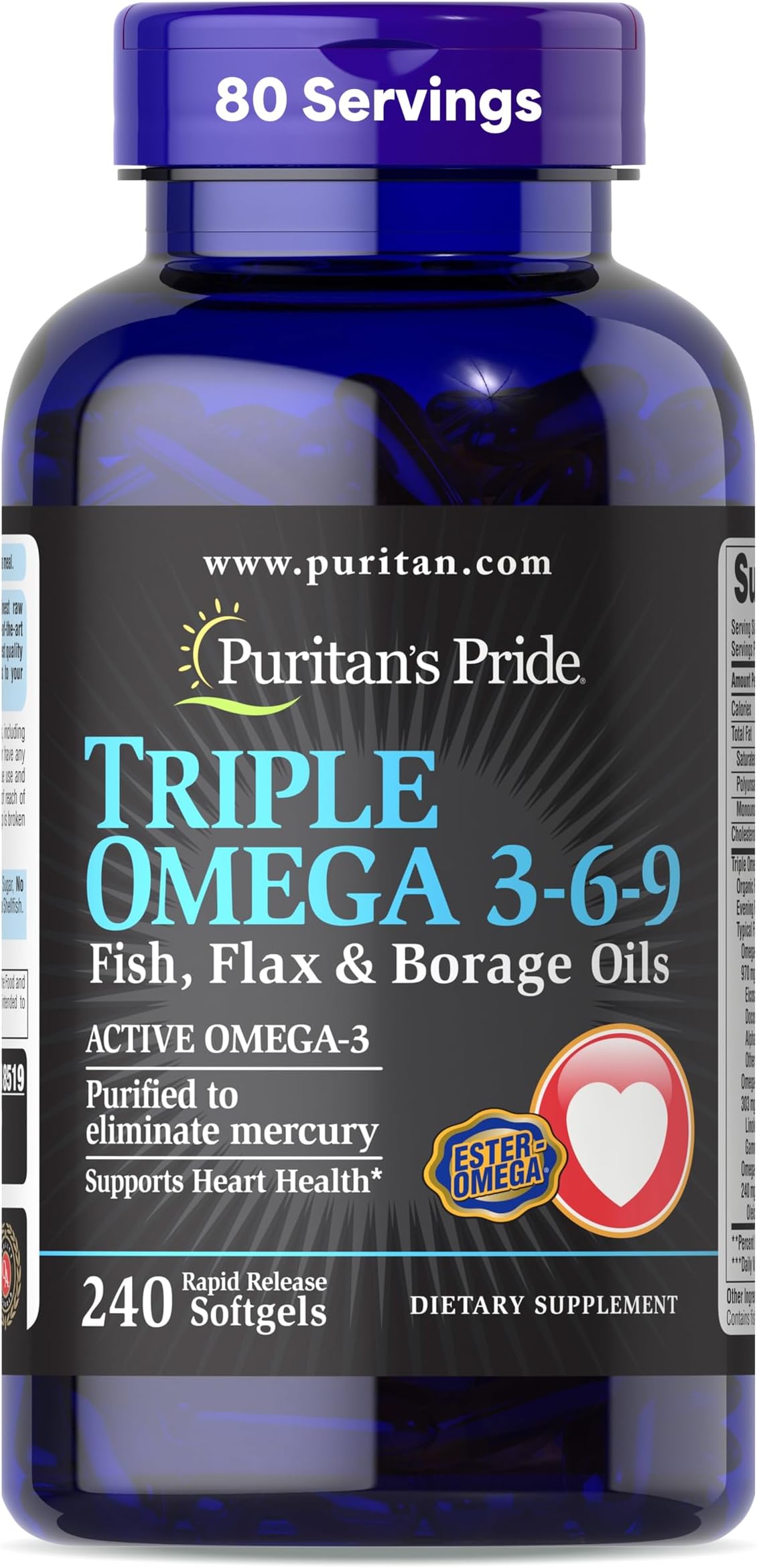 Premium Triple Active Omega 3-6-9 Fish, Flax, and Borage Oils, Dietary Supplement for Heart, Joint, and Cellular Health Support, 240 Rapid Release Softgels