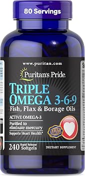 Puritans Pride Premium Triple Active Omega 3-6-9 Fish, Flax, and Borage Oils, Dietary Supplement for Heart, Joint, and Cellular Health Support, 240 Rapid Release Softgels