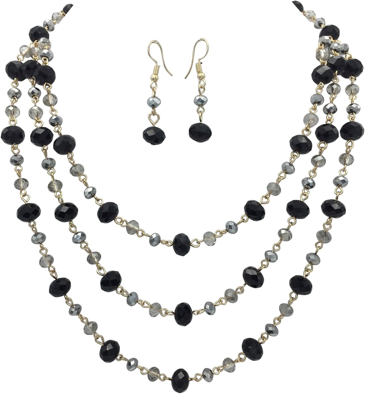 Gypsy Jewels 3 Row Layered Beveled Glass Beaded Boutique Style Necklace and Earrings Set