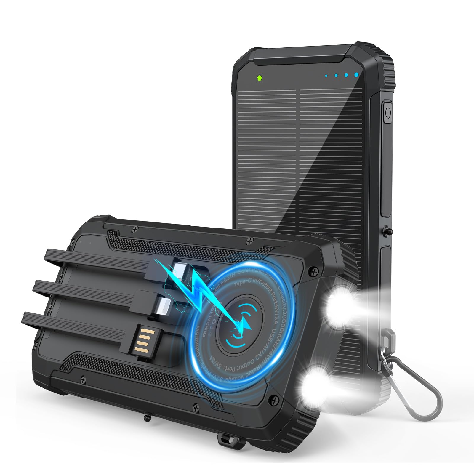 Cargador portátil inalámbrico de 20000 mAh, 3 cables integrados USB-C de 15 W, carga rápida, color negro, compatible con iPhone, Samsung, linternas LED de emergencia, perfectas para camping