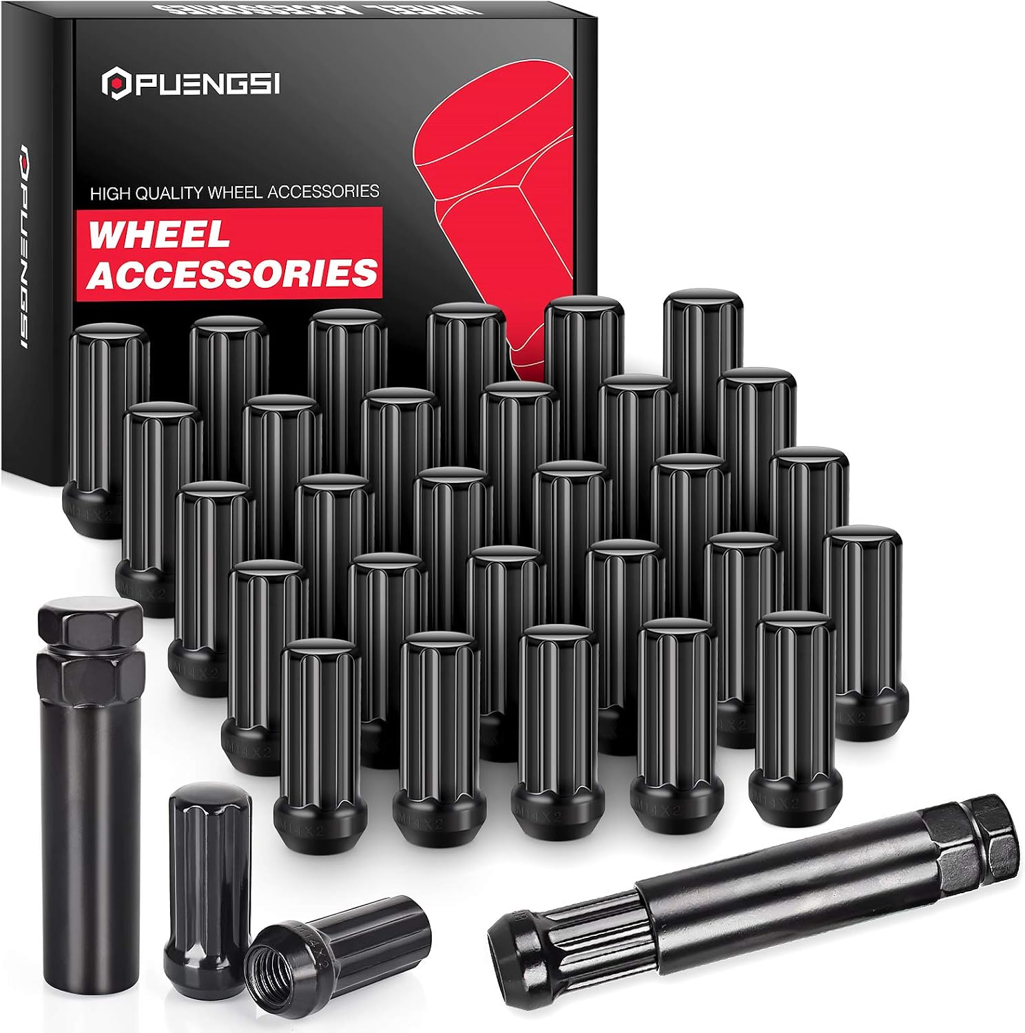 PUENGSI 14mmx2.0 Wheel Lug Nuts,32Pcs + 2 Keys M14x2.0 Thread Black Spline Forged Steel Lug Nuts, Conical/Cone Seat Compatible for Ford Excursion F-250 Super Duty F-350 Super Duty 1999-2004