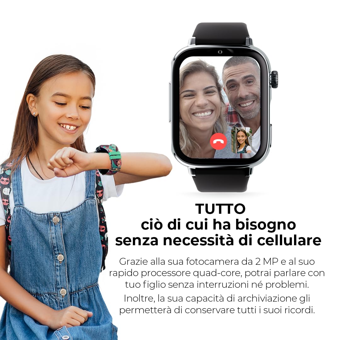 SaveFamily SaveWatch Plus 2 | Smartwatch per Bambini con Localizzatore GPS, Chiamate, Video, WhatsApp, Spotify, App Store - Quadrante Nero e Cinturino in Silicone Nero