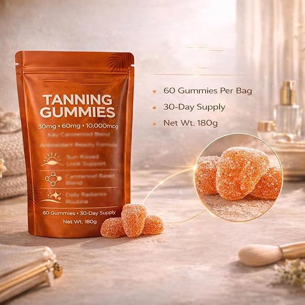 Lot de 2 sachets de gommes de bronzage de la peau, mélange bêta-C-arotène et L-ycopène, format gommeux de routine beauté, améliore le teint naturel de la peau - 2