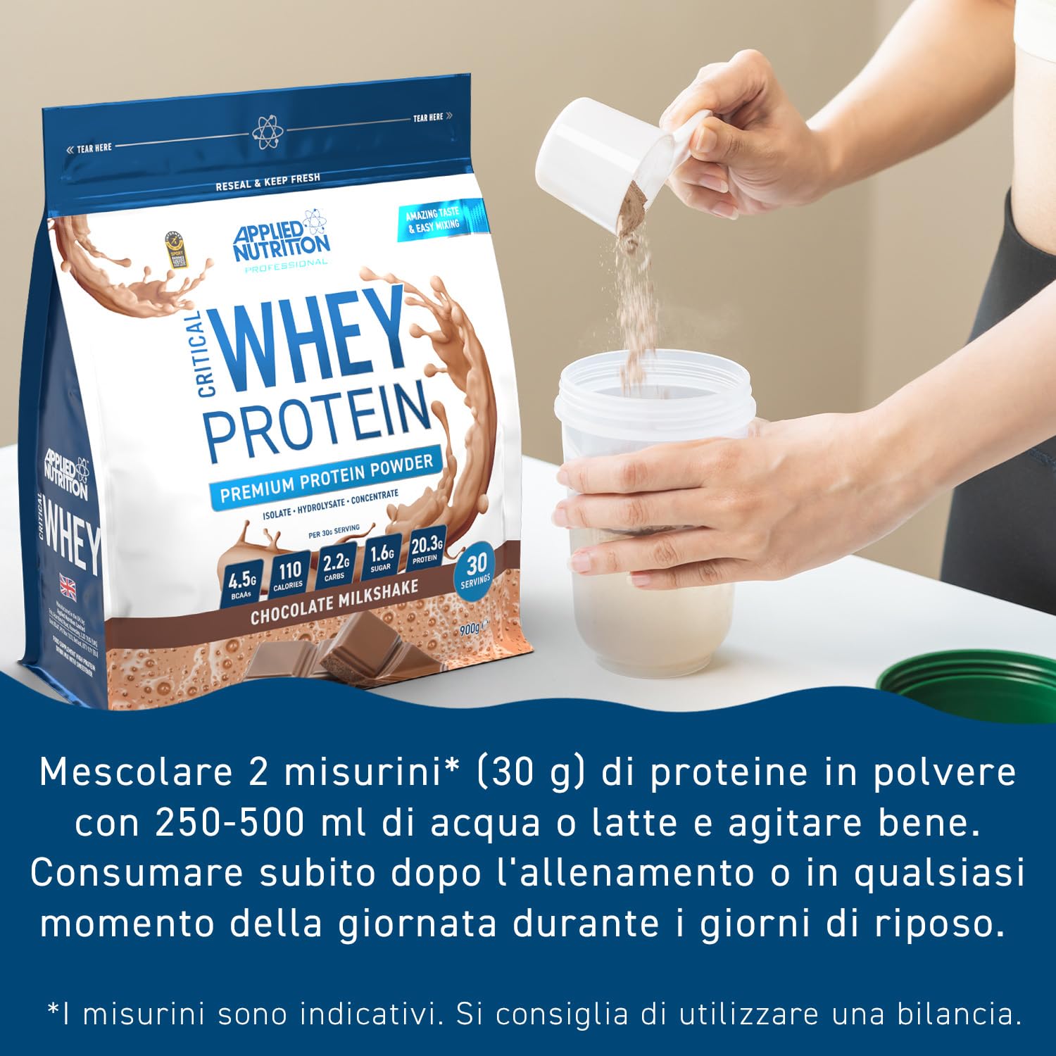 Applied Nutrition Critical Whey Protein Powder 900g - High Protein Powder, Protein Milkshake, Muscle Building Supplement with BCAAs & Glutamine (900g - 30 Servings) (Vanilla)