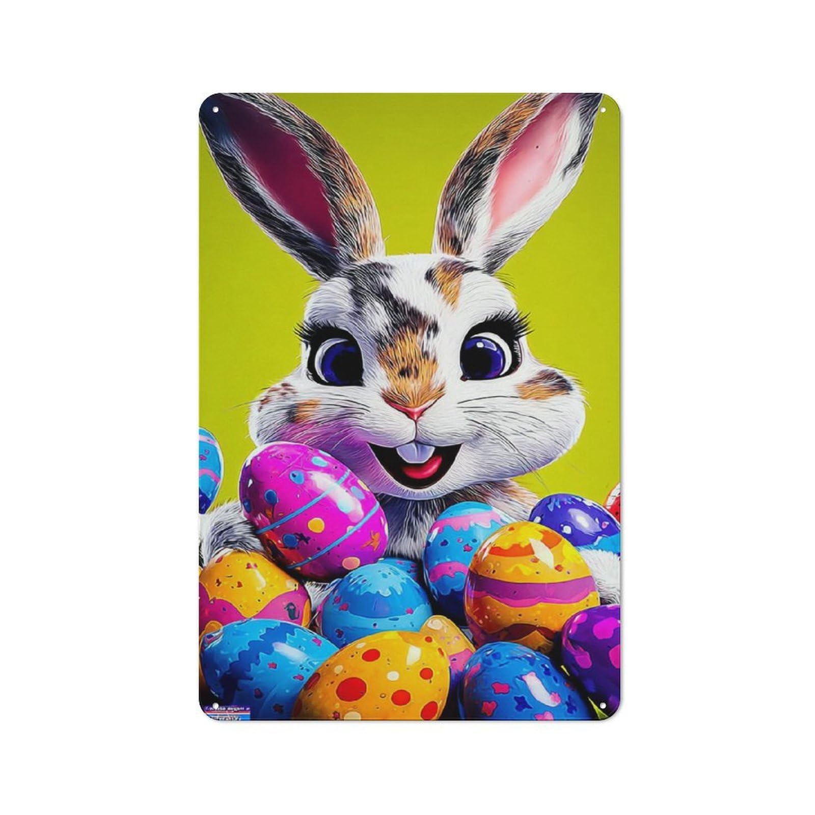 Junmoney Colorful Easter Eggs With Bunny Metal Sign 30X20cm With For Workshop Wall, Rustic Decor, Wall Decoration For Workshops And Hobby Rooms