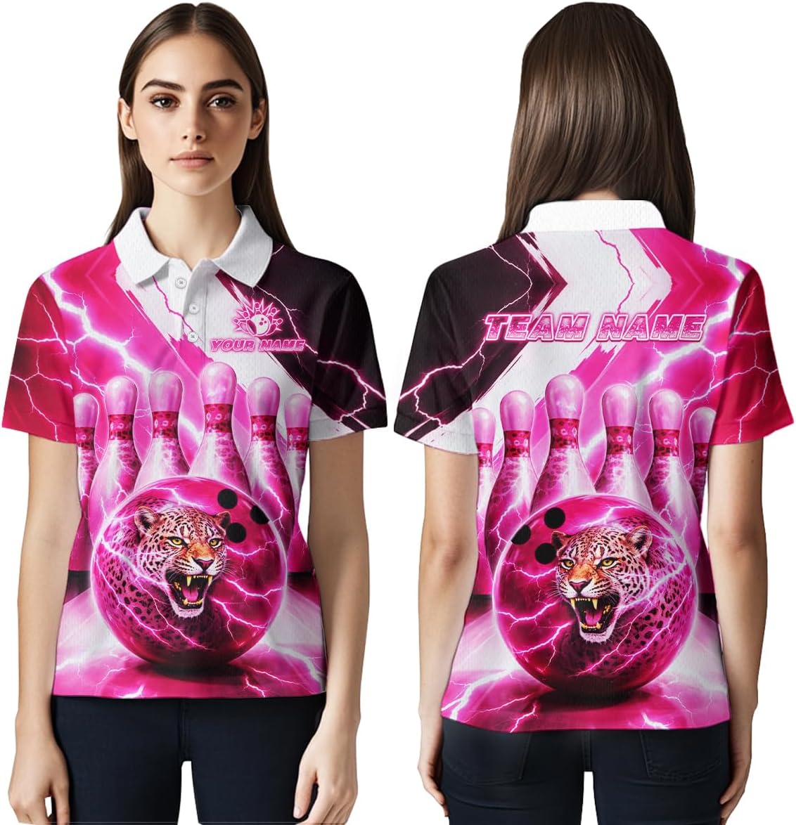Pink Leopard Bowling Shirts for Team Bowling Jersey Leopard for Men Women Bowling Polo and Bowling Zip Shirt League